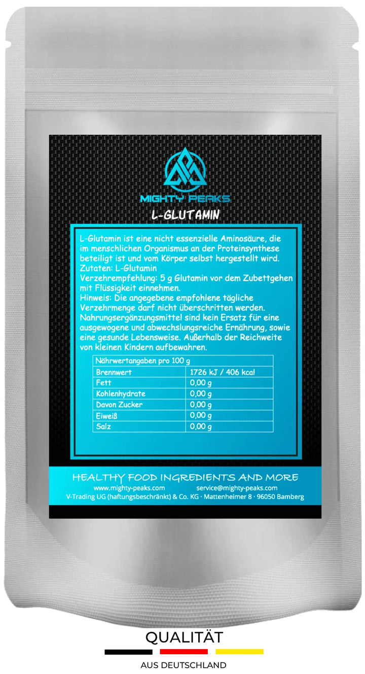 L - Glutamin Nahrungsergänzungsmittel - MIGHTY PEAKS - Glutamin Pulver in wieder verschließbarer Verpackung